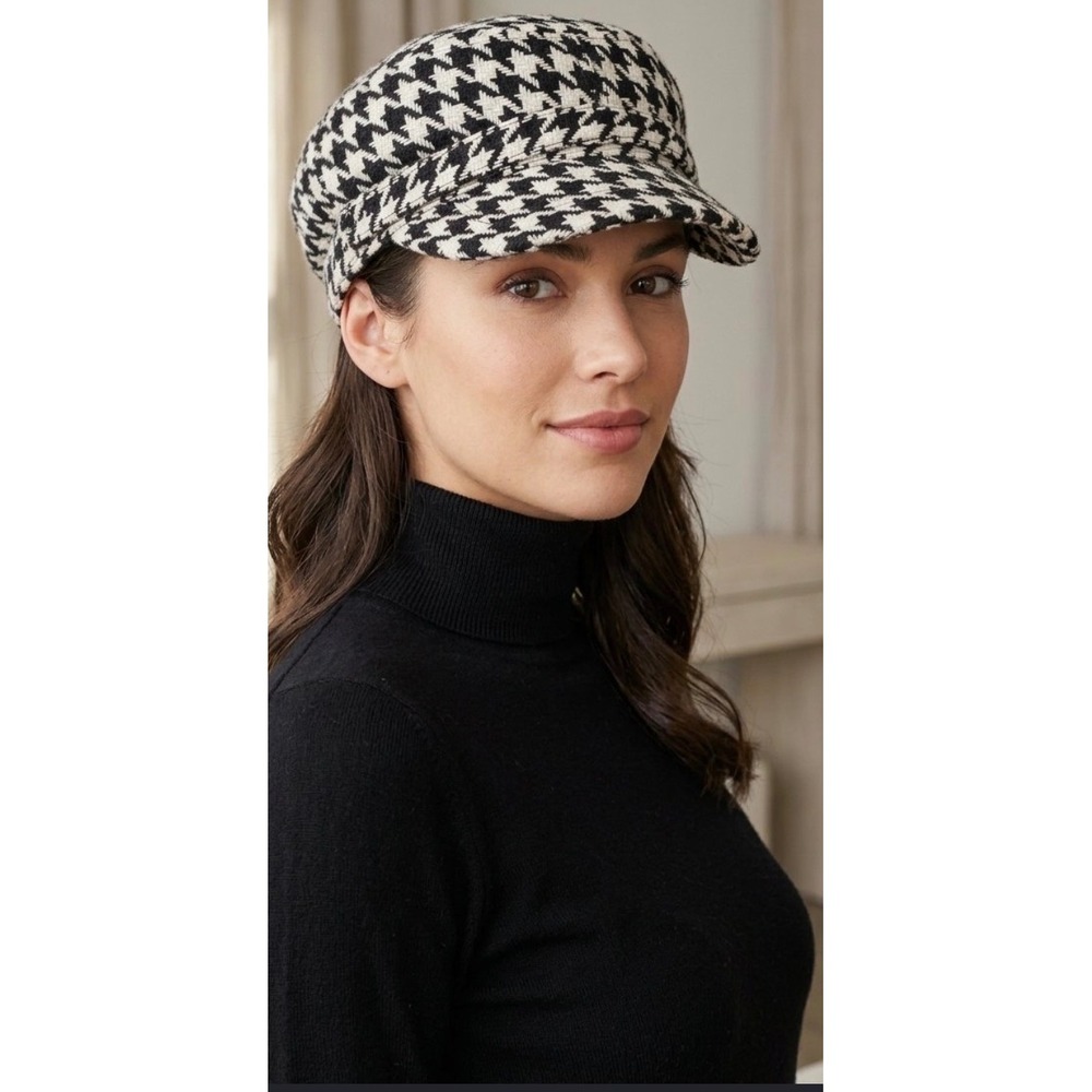 Angela & William Newsboy Cap Black White Houndstooth Wool Blend Women OSFA